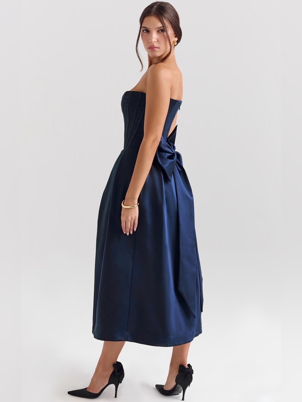 House of CB Bellina Midnight blue strapless Detachable bow midi dress